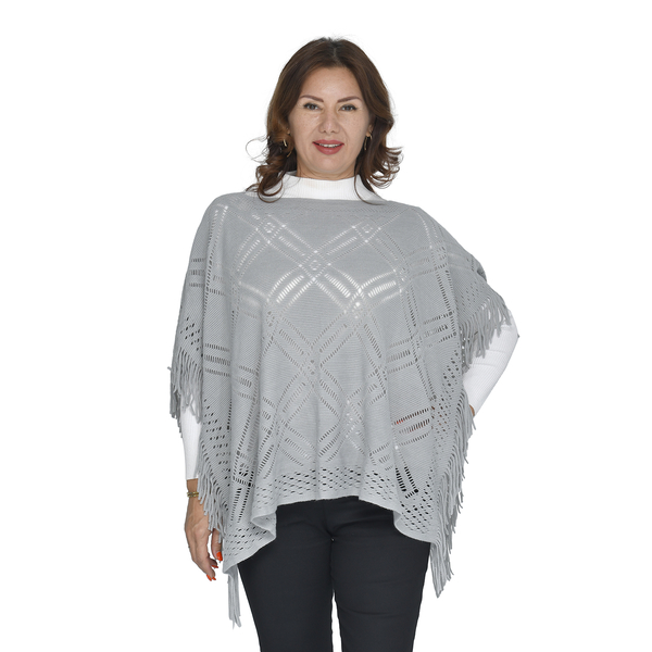 TAMSY 100% Acrylic Knitted Poncho (Size 85x60 Cm) - Grey