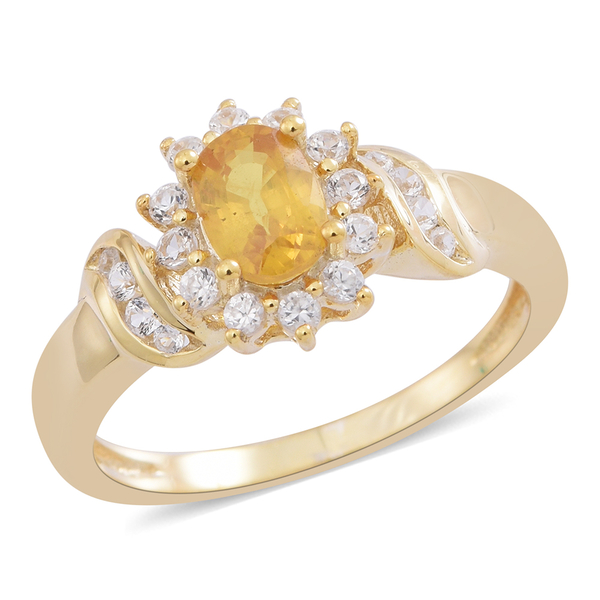 Chanthaburi Yellow Sapphire (Ovl 1.15 Ct), Natural White Combodian Zircon Ring in 14K Gold Overlay S