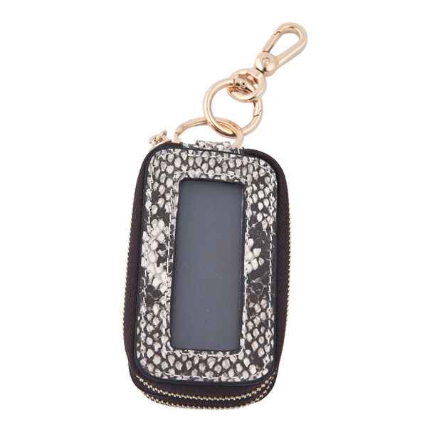 SENCILLEZ 100% Genuine Leather Snake Pattern Key Holder Chain with Detachable Lobster Clasp and Zipper Closure (Size 10x5x4Cm) - Beige