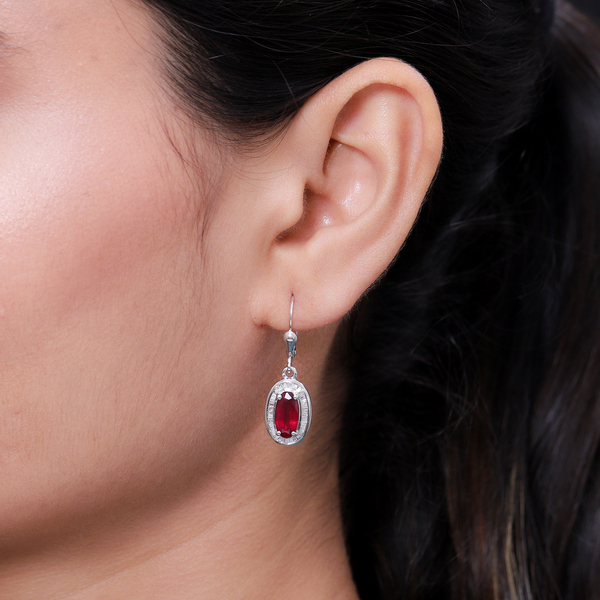 African Ruby (FF) and Diamond Lever Back Earrings in Platinum Overlay Sterling Silver 4.35 Ct.