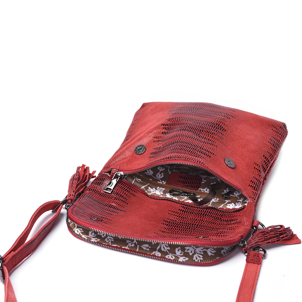Lizard Skin Pattern 100% Genuine Leather Crossbody Bag with Detachable Shoulder Strap and Tassel (Size 28x3x24cm) - Red