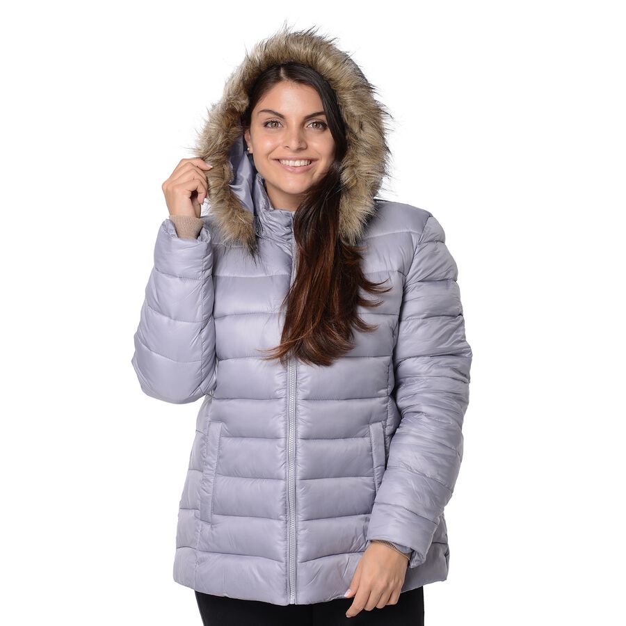 Women Puffer Jacket with Faux Fur Trim Hood and Two Pockets in Silver