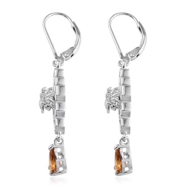 Citrine (Pear) Honeycomb with Bee Lever Back Earrings in Platinum Overlay Sterling Silver 1.750 Ct.
