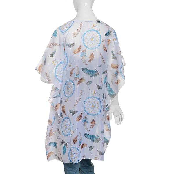 Designer Inspired - Blue, White and Multi Colour Feathers Pattern Kaftan (Size 90x65 Cm)