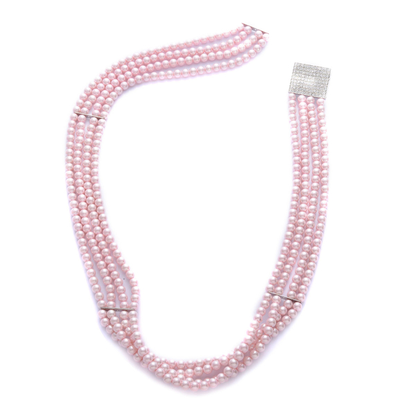 Pink Glass Pearl and White Austrian Crystal Stretchable Belt (Size 32) in Silver Tone