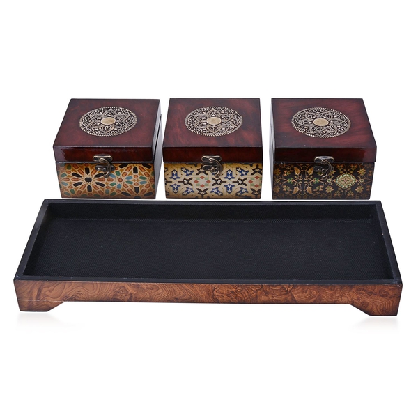 Floral, Cone and Star Pattern Glossy Lacquer Coating 3 Wooden Jewellery Box (Size 12x12x8 Cm) with a Tray (Size 42x24x22 Cm)