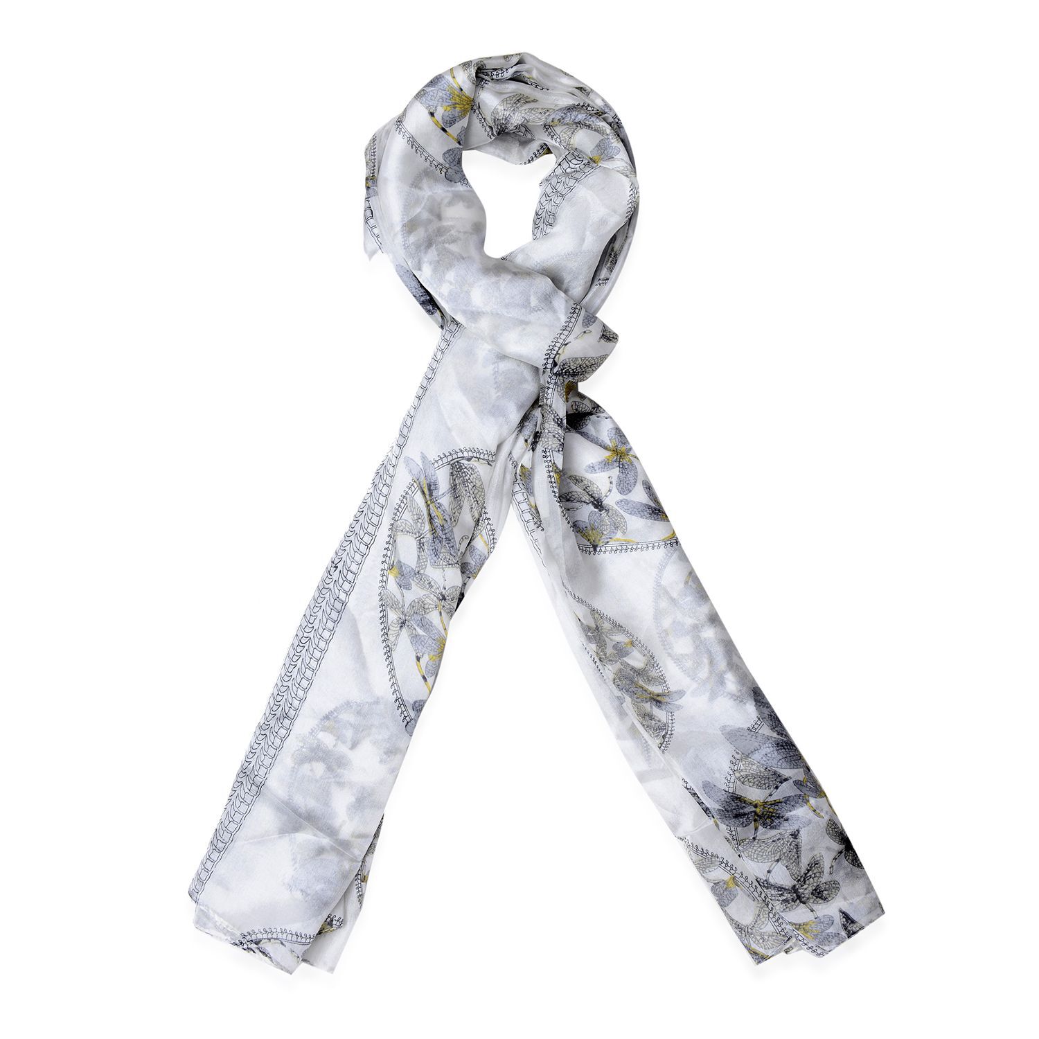 100% Silk Dragonfly Pattern White Colour Scarf (Size 190x110 Cm)
