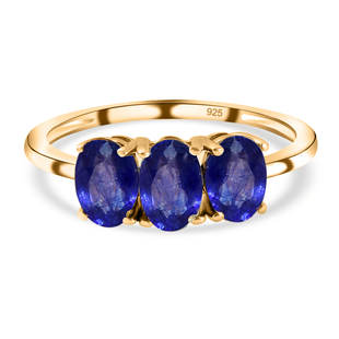 Fissure Filled Blue Sapphire (FF) Trilogy Ring in Yellow Gold Overlay Sterling Silver 1.95 Ct.