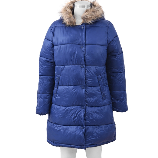 Limited Available-  Ladies Long  Puffer Jacket with Faux Fur Trim Hood and Two Pockets (Size XL , 16-18) - Navy