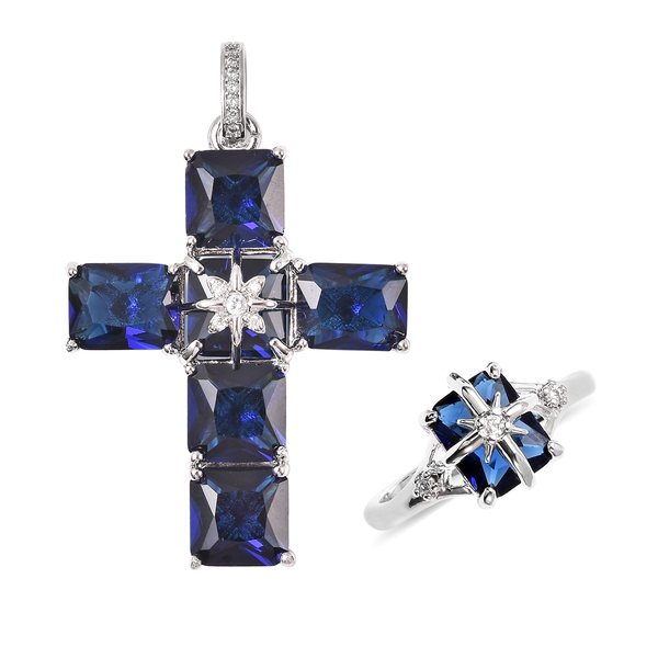 2 Piece Set - Simulated Blue and White Diamond Ring and Cross Pendant with Chain (Size 20 with 3 inc