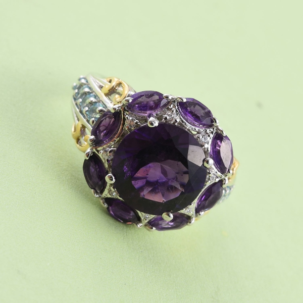 Amethyst (Rnd), Signity Blue Topaz, Natural Cambodian Zircon Ring in Platinum and Yellow Gold Overlay Sterling Silver 5.860 Ct.
