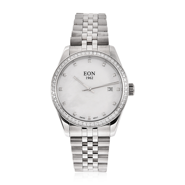 EON 1962 Swiss Movement 5ATM Water Resistant Watch with White Moissanite Embellishments Mother of Pearl Dial and Stainless Steel Strap