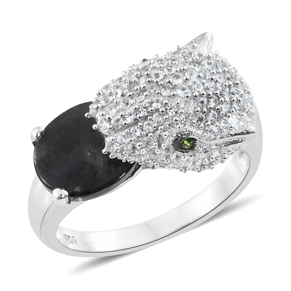 Natural Spectrolite (Ovl 2.08 Ct), Natural Cambodian Zircon and Chrome Diopside Leopard Ring in Plat