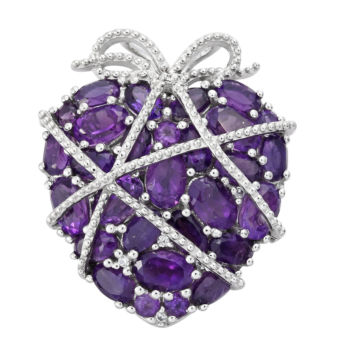 GP - Amethyst, Natural Cambodian Zircon & Blue Sapphire Heart Pendant in Rhodium Overlay Sterling Si