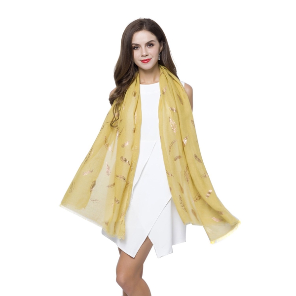 Golden Feathers Pattern Yellow Colour Scarf with Fringes (Size 180X70 Cm)