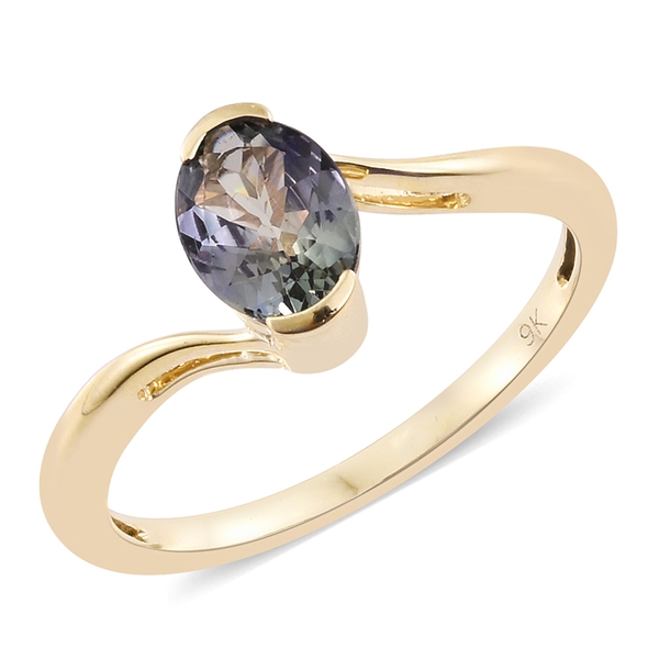 Limited Edition- Designer Inspired 9K Yellow Gold Peacock Tanzanite (Ovl) Solitaire Ring 1.250 Ct.