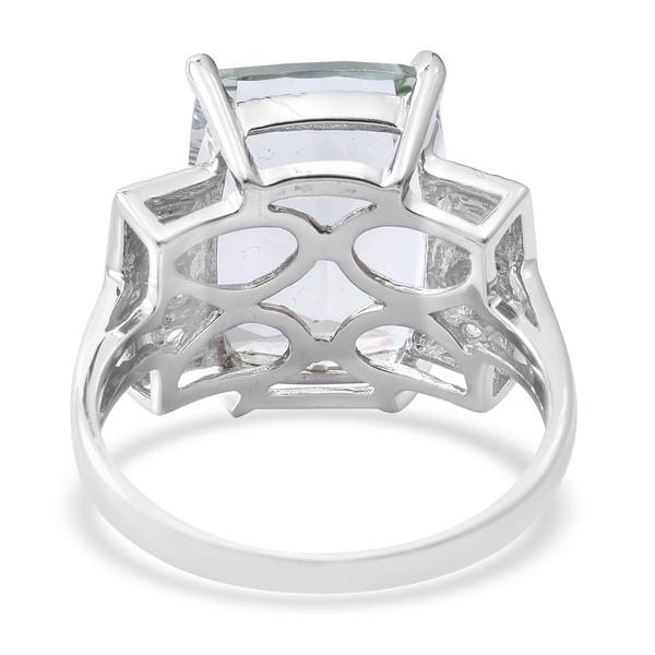 Green Amethyst (Cush 8.97 Ct), Natural White Cambodian Zircon Ring in Rhodium Plated Sterling Silver 9.570 Ct.