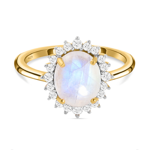 Rainbow Moonstone and Natural Cambodian Zircon Ring in 14K Gold Overlay Sterling Silver 3.55 Ct.