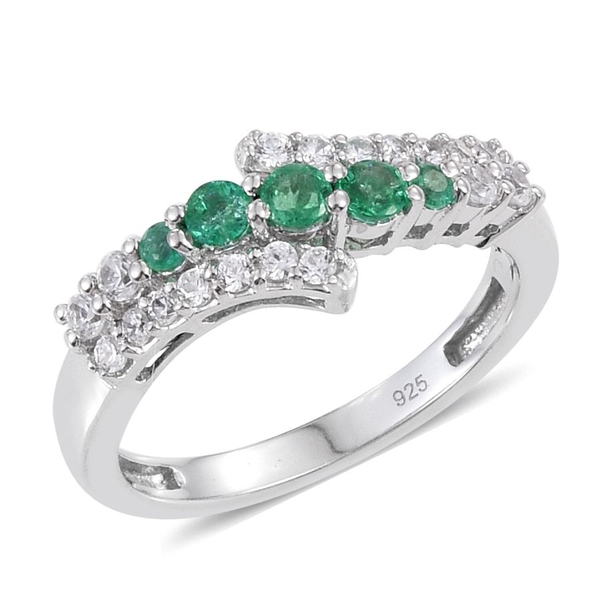 AA Boyaca Colombian Emerald (Rnd), Natural Cambodian Zircon Ring in Platinum Overlay Sterling Silver
