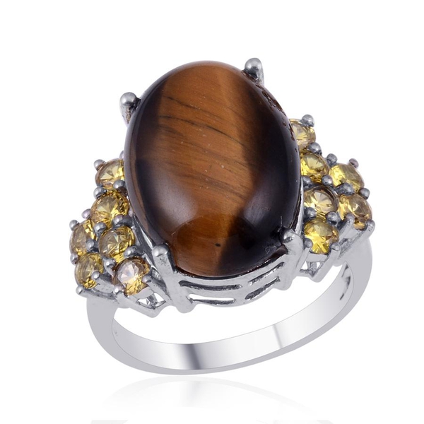 Tigers Eye (Ovl 10.50 Ct), Simulated Yellow Sapphire Ring in Platinum Bond 12.000 Ct.