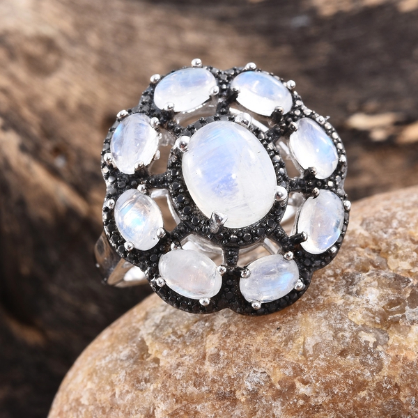 Sri Lankan Rainbow Moonstone (Ovl 3.20 Ct) Floral Inspired Ring in Platinum and Black Rhodium Overlay Sterling Silver 7.500 Ct. Silver wt 6.55 Gms.