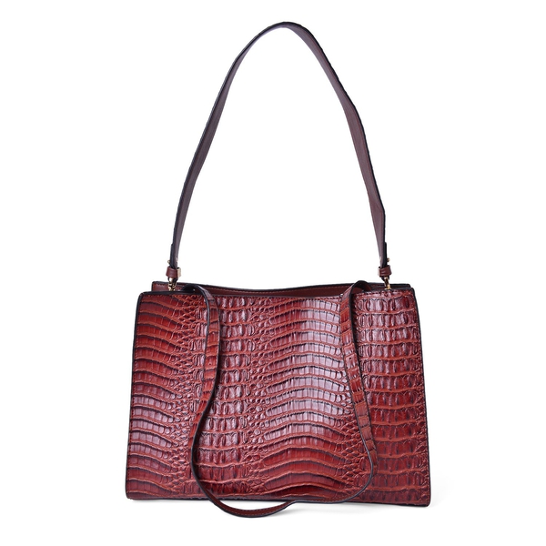 Designer Inspired-Chocolate Colour Croc Embossed Tote Bag with Removable Shoulder Strap (Size 35.5X2