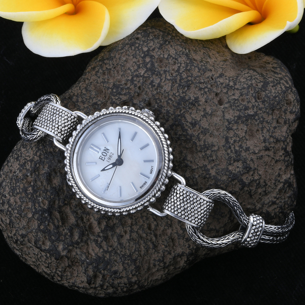 Bali Collection - EON 1962 Swiss Movement White Dial 3ATM Water Resistant Bracelet Watch (Size 7.5 with Half Inch Extender) in Sterling Silver and Stainless Steel, Silver wt 24.22 Gms.