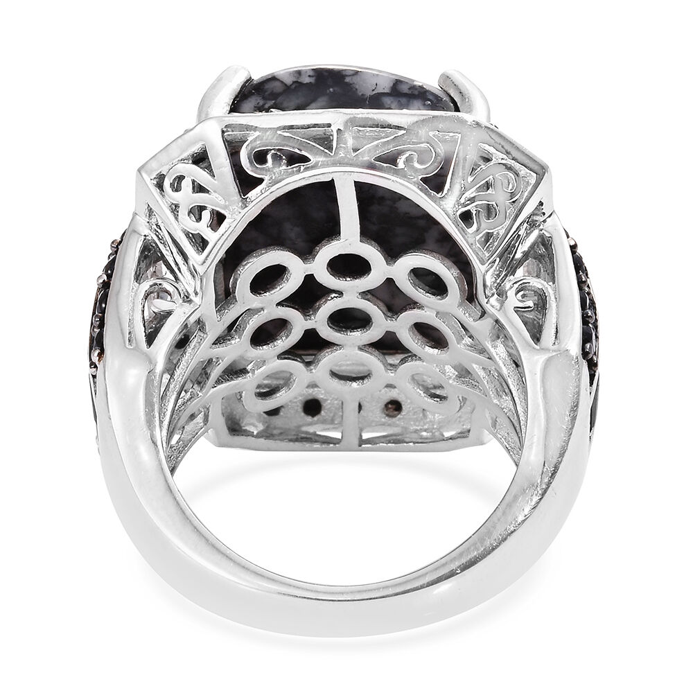 Austrian Pinolith (Oct 20.40 Ct), Boi Ploi Black Spinel and White Topaz Ring in Platinum Overlay Sterling Silver 24.500 Ct.