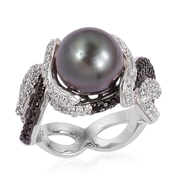 Tahitian Pearl and Multi Gemstone Classic Ring in Black Rhodium Plated Silver 5.84 Grams