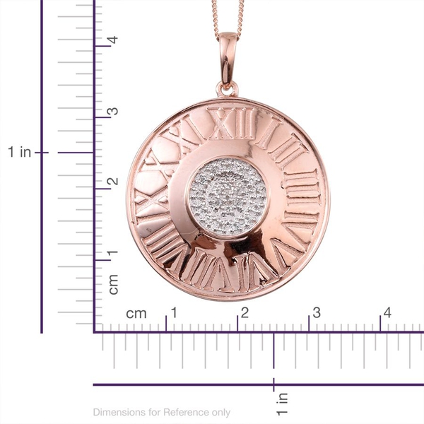 White Topaz (Rnd) Roman Number Inspired Pendant With Chain and Stud Earrings (with Push Back) in Rose Gold Overlay Sterling Silver