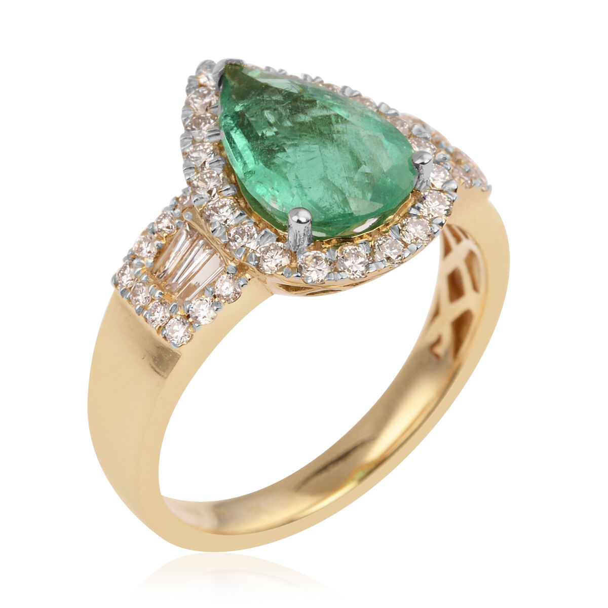 ILIANA 18K Yellow Gold AAA Boyaca Colombian Emerald (Pear) Diamond (SI-G-H) Ring  2.360 Ct.