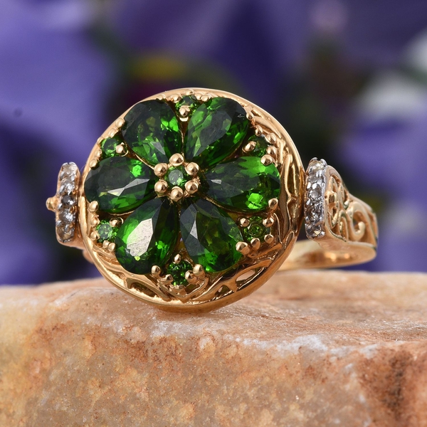 Royal Jaipur Chrome Diopside (Pear), Ruby and White Topaz Ring in 14K Gold Overlay Sterling Silver 3.400 Ct.