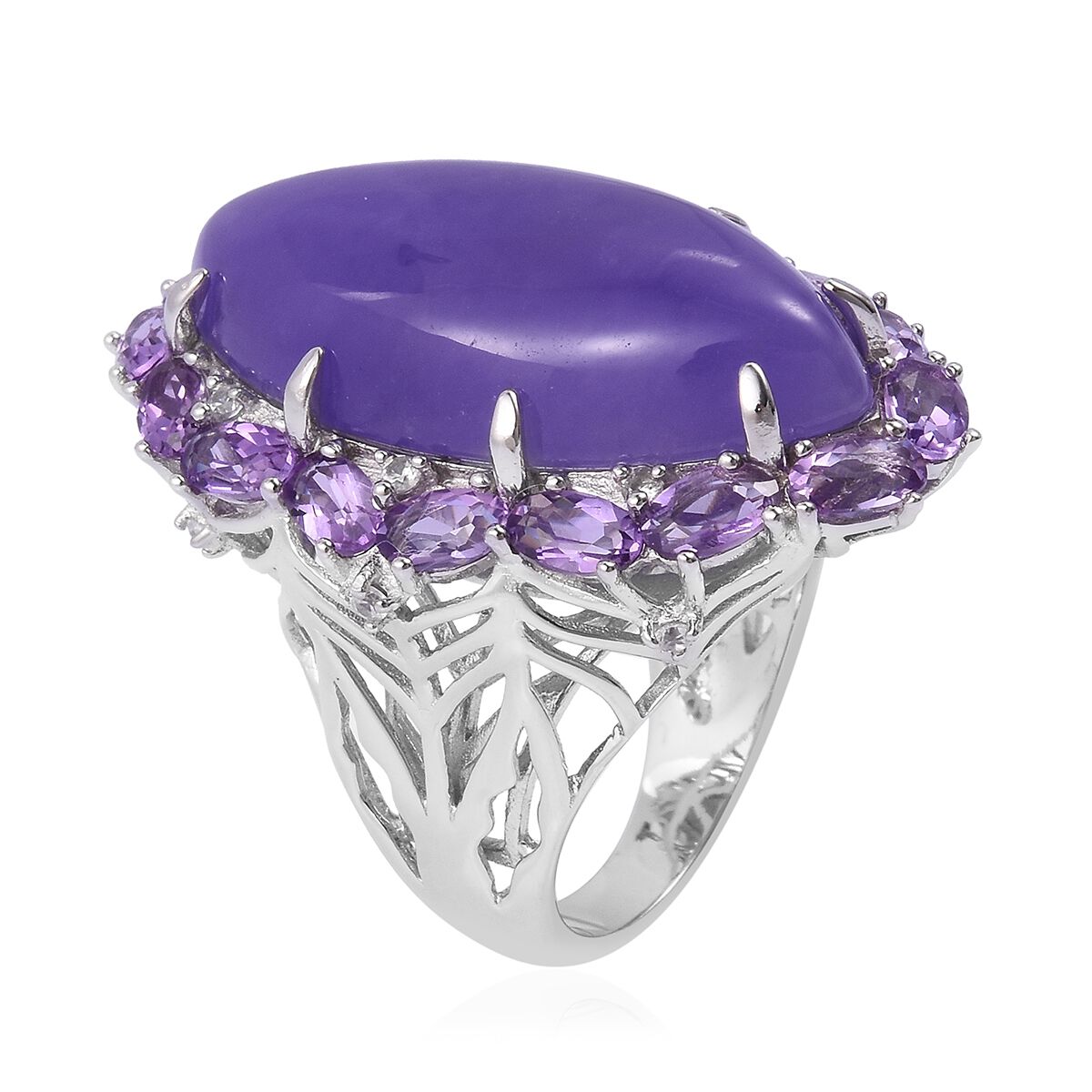 Purple Jade (Mrq 23.75 Ct), Rose De France Amethyst and Natural White Cambodian Zircon Ring in Platinum Overlay Sterling Silver 27.300 Ct. Silver wt 7.49 Gms.