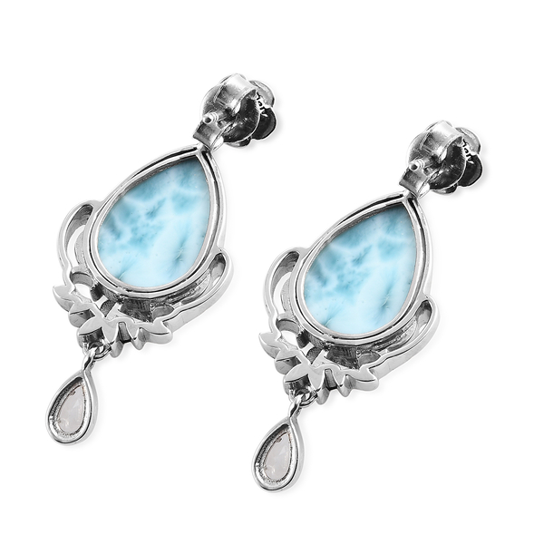 Sajen Silver CULTURAL FLAIR Collection - Larimar and Aqua Floral Drop Enamelled Earrings (with Push Back) in Sterling Silver 1.74 Ct.