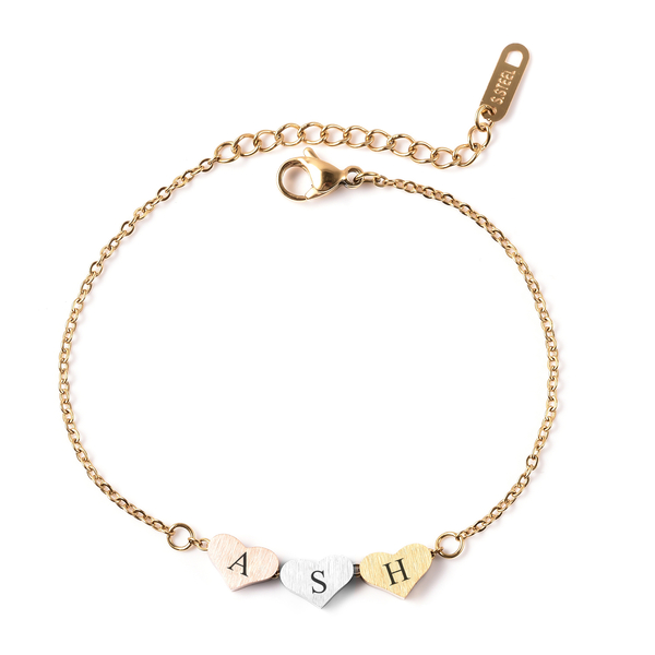 Personalised Engravable Three Initial Heart Bracelet, Size 6.5+1.5 Inch, Stainless Steel