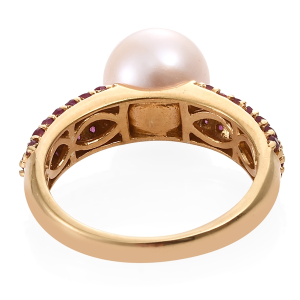 Fresh Water Pearl (Rnd 10mm), African Ruby Ring in 14K Gold Overlay Sterling Silver
