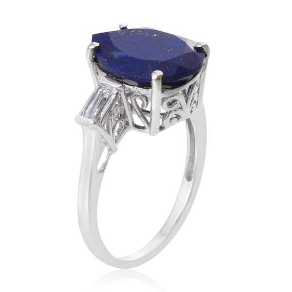 Lapis Lazuli (Pear 7.00 Ct), White Topaz Ring in Platinum Overlay Sterling Silver 7.500 Ct.