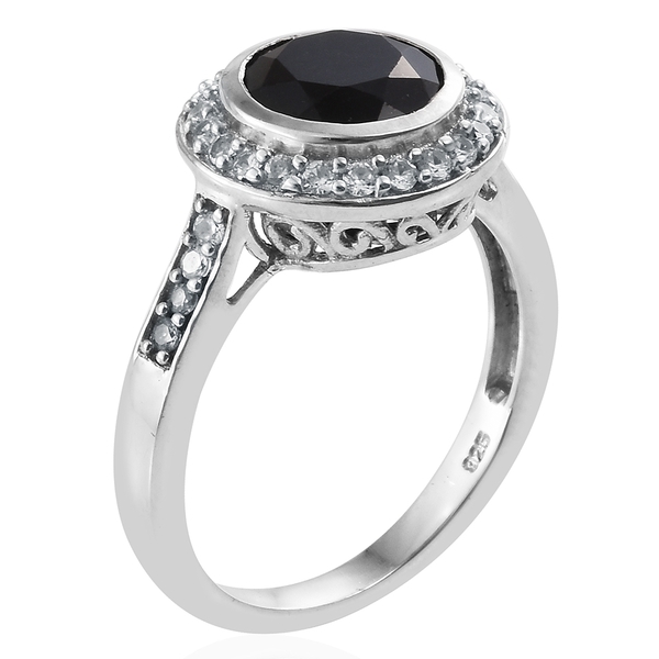 Black Tourmaline (Rnd 2.75 Ct), Natural Cambodian Zircon Ring in Platinum Overlay Sterling Silver 3.250 Ct.