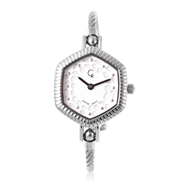 RACHEL GALLEY Swiss Movement 5ATM Water Resistant Lattice Design White MOP Dial Bangle Watch (Size 6.5-7) in Stainless Steel