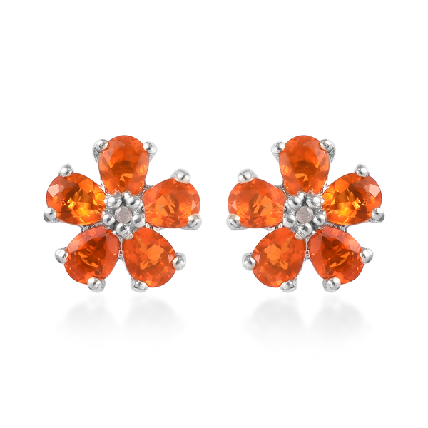 1 Carat Fire Opal and Diamond Floral Stud Earrings in Platinum Plated Silver