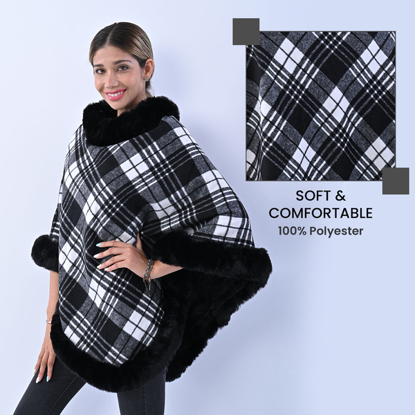 LA MAREY Checkered Pattern Faux Fur Poncho (Free Size) - Black