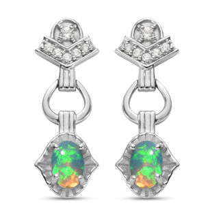 Ethiopian Welo Opal and Natural Cambodian Zircon Dangle Earrings (with Push Back) in Platinum Overla