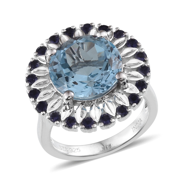 JCK Vegas Collection Sky Blue Topaz (Rnd 5.52 Ct), Iolite Ring in Platinum Overlay Sterling Silver 6