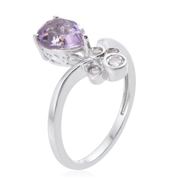 AA Rose De France Amethyst (Pear 1.50 Ct), White Topaz Ring in Platinum Overlay Sterling Silver 1.750 Ct.