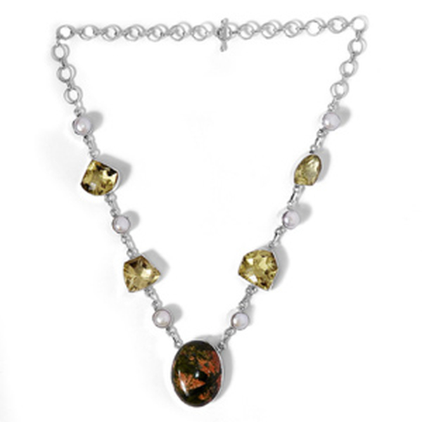 Jewels of India Unakite, Lemon Quartz and Fresh Water Pearl Necklace in Sterling Silver