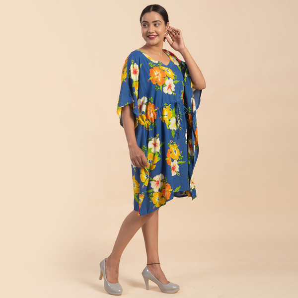 TAMSY 100% Viscose Floral Pattern Kaftan Top with Drawstraing (One Size) - Blue