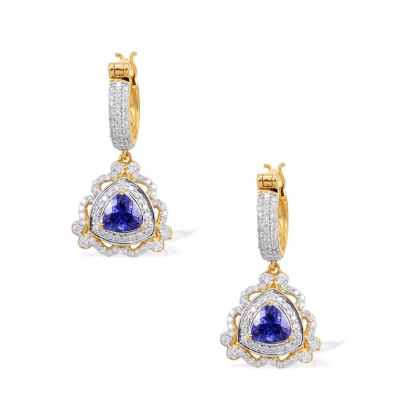 One of a Kind Close Out Deal 14K Y Gold Tanzanite (Trl), Diamond Hoop Earrings 3.150 Ct.