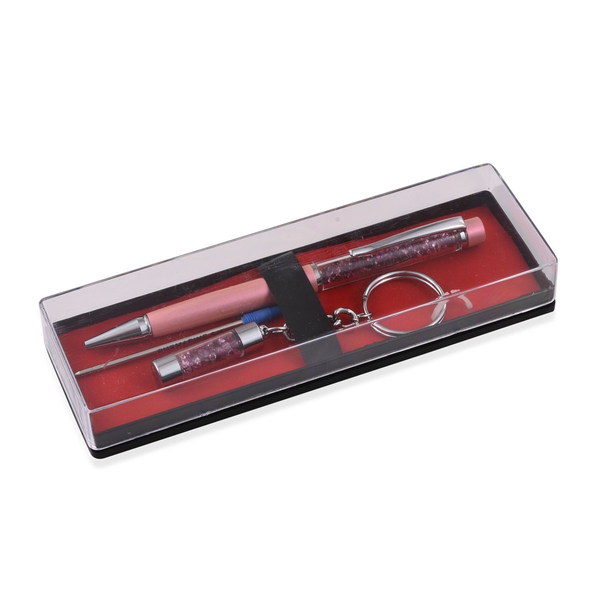 Pink Tourmaline Filled Ball Point Pen and a Key Chain Set with Extra Refill (Pink Tourmaline 12.0 Ct)