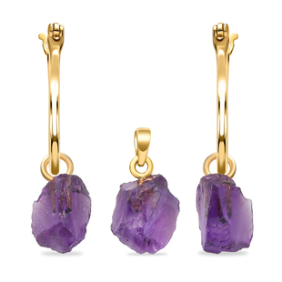 2 Piece Set - Amethyst Pendant and Detachable Hoop Earrings with Clasp in 14K Gold Overlay Sterling 