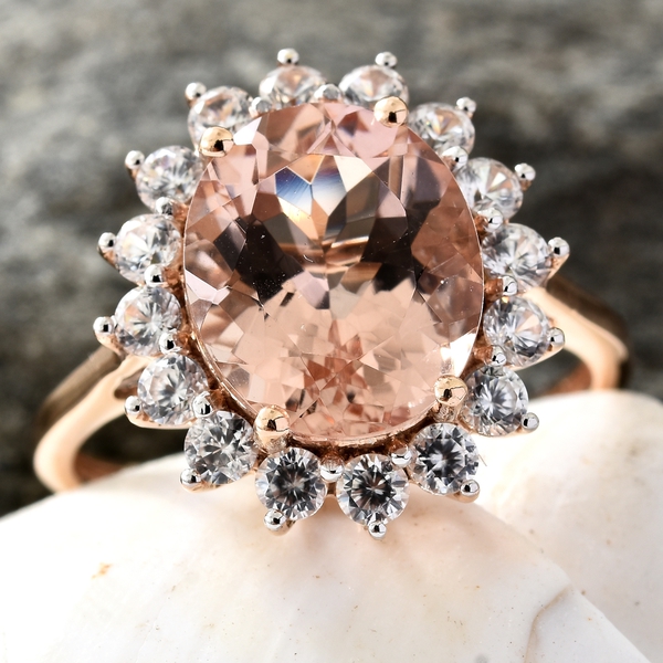 Limited Available- 9K Rose Gold AAA Rare Size Marropino Morganite (Ovl 4.00 Ct), Natural Cambodian Zircon Ring 5.500 Ct.